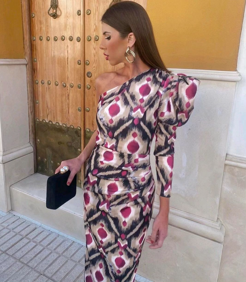 The Yllana - Lilac One-Shoulder Midi Dress with Puff Details
