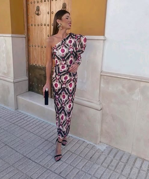 The Yllana - Lilac One-Shoulder Midi Dress with Puff Details