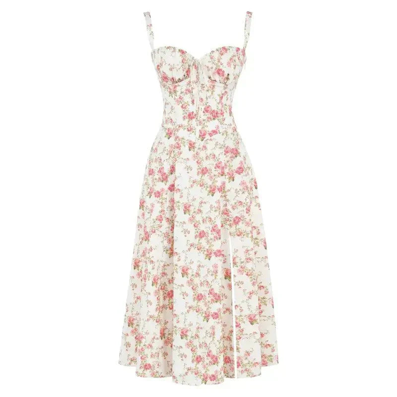 The Brisa - Midi Dress with Sweetheart Neckline and Floral Pattern