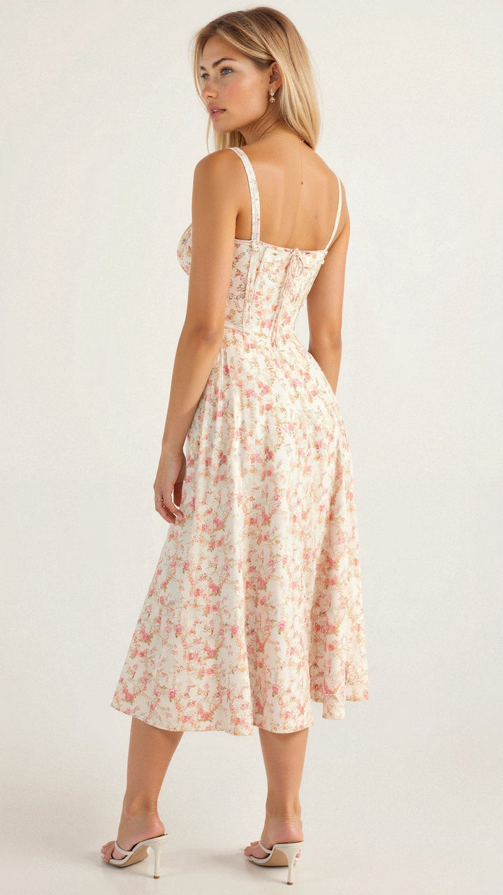 The Brisa - Midi Dress with Sweetheart Neckline and Floral Pattern