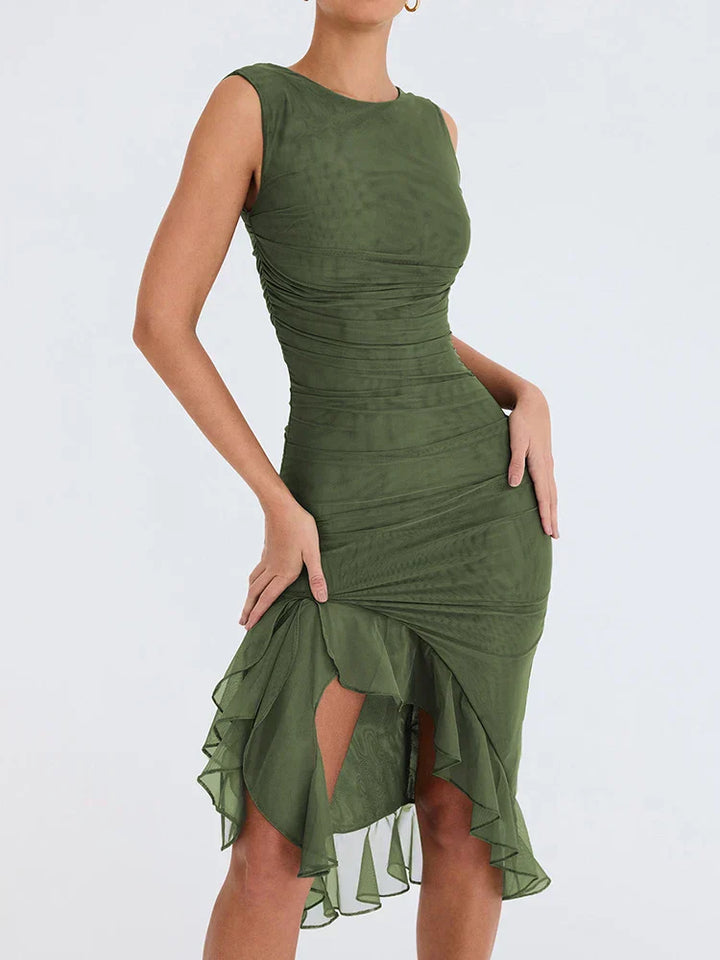 The Bhavya - Fitted and Ruffled Slit Dress