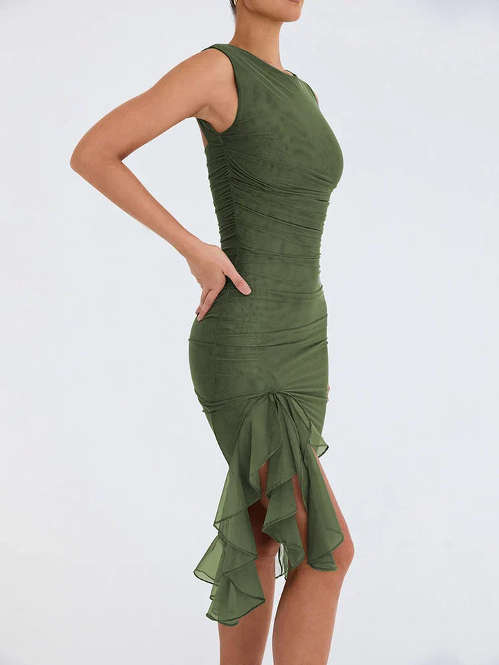 The Bhavya - Fitted and Ruffled Slit Dress