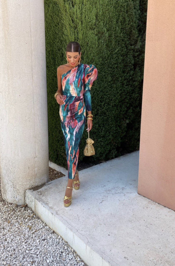 The Yllana - Lilac One-Shoulder Midi Dress with Puff Details