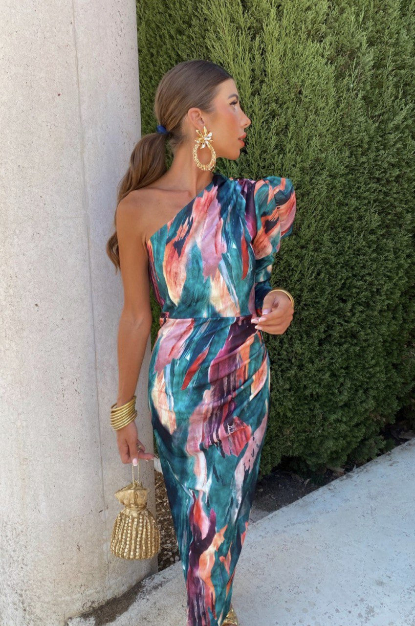 The Yllana - Lilac One-Shoulder Midi Dress with Puff Details