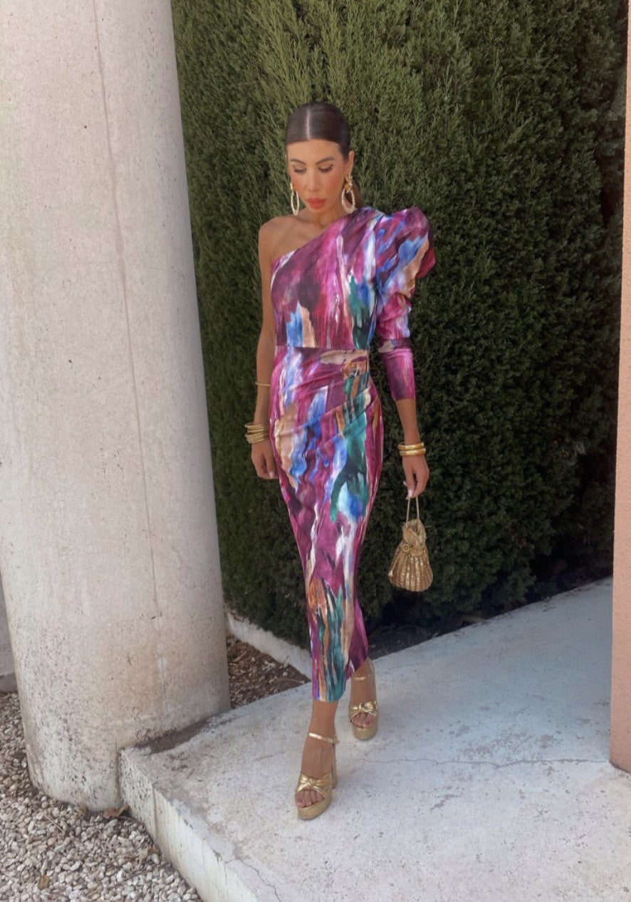 The Yllana - Lilac One-Shoulder Midi Dress with Puff Details