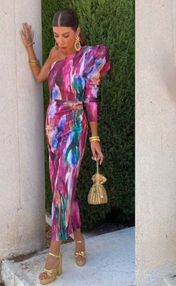 The Yllana - Lilac One-Shoulder Midi Dress with Puff Details