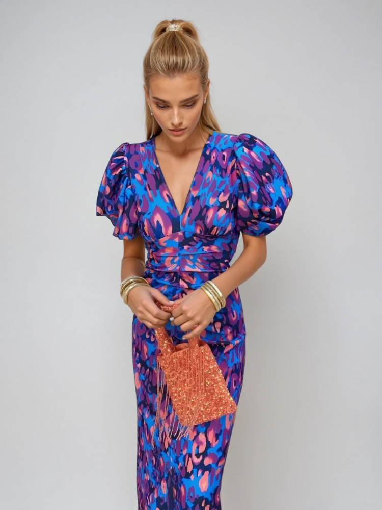 The Arielle - Vibrant Midi Dress Featuring Pleated Sleeves