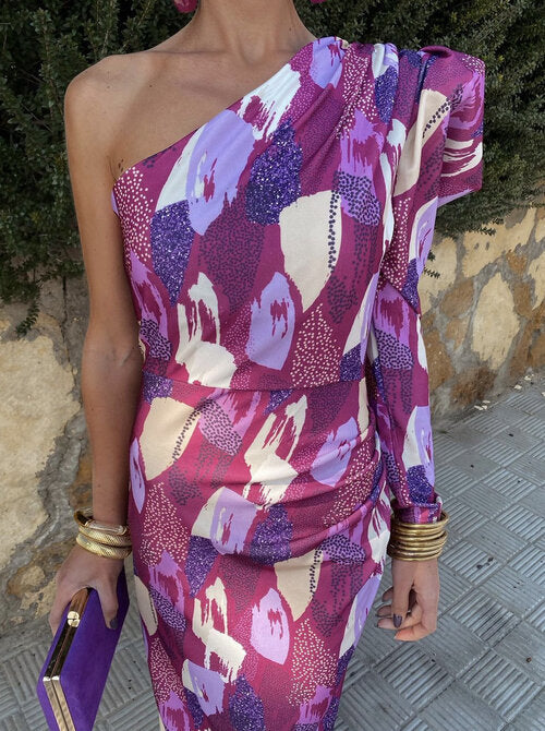 The Yllana - Lilac One-Shoulder Midi Dress with Puff Details
