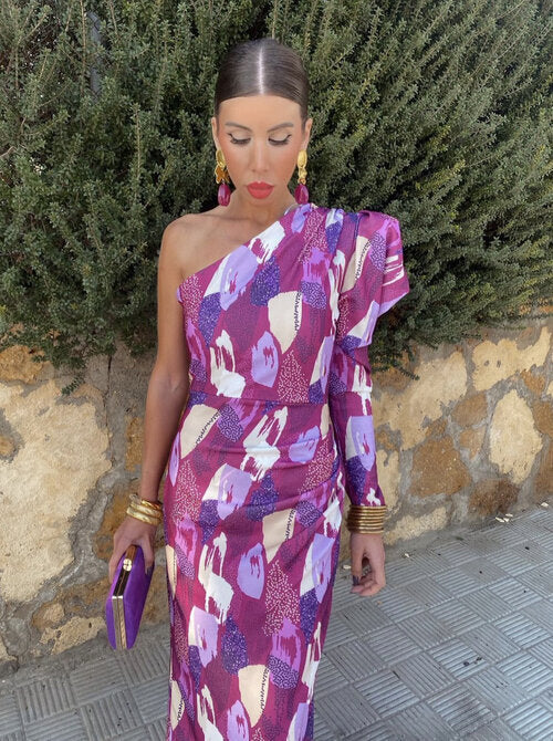 The Yllana - Lilac One-Shoulder Midi Dress with Puff Details