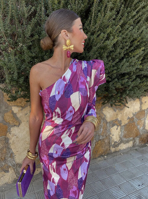 The Yllana - Lilac One-Shoulder Midi Dress with Puff Details
