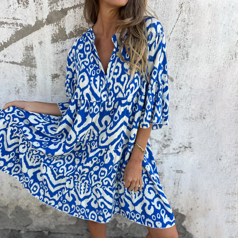 Mietta™ | V-Neck Printed Three-Quarter Sleeve Dress