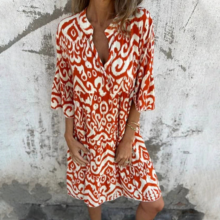 Mietta™ | V-Neck Printed Three-Quarter Sleeve Dress