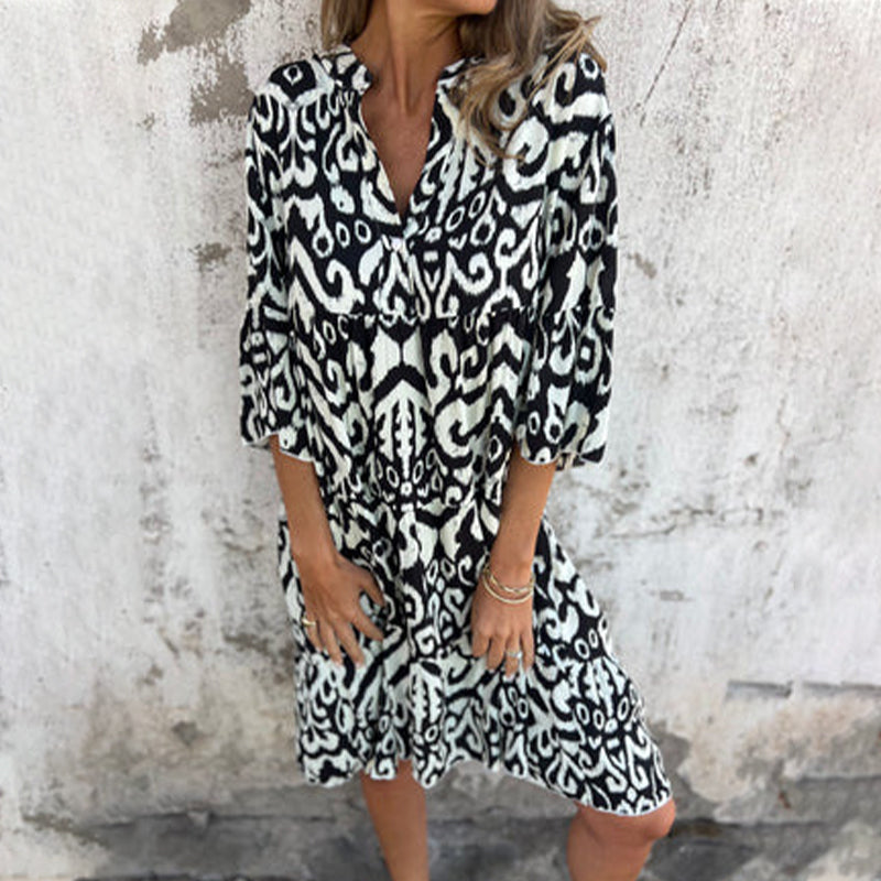Mietta™ | V-Neck Printed Three-Quarter Sleeve Dress