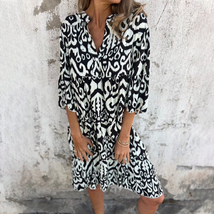 Mietta™ | V-Neck Printed Three-Quarter Sleeve Dress