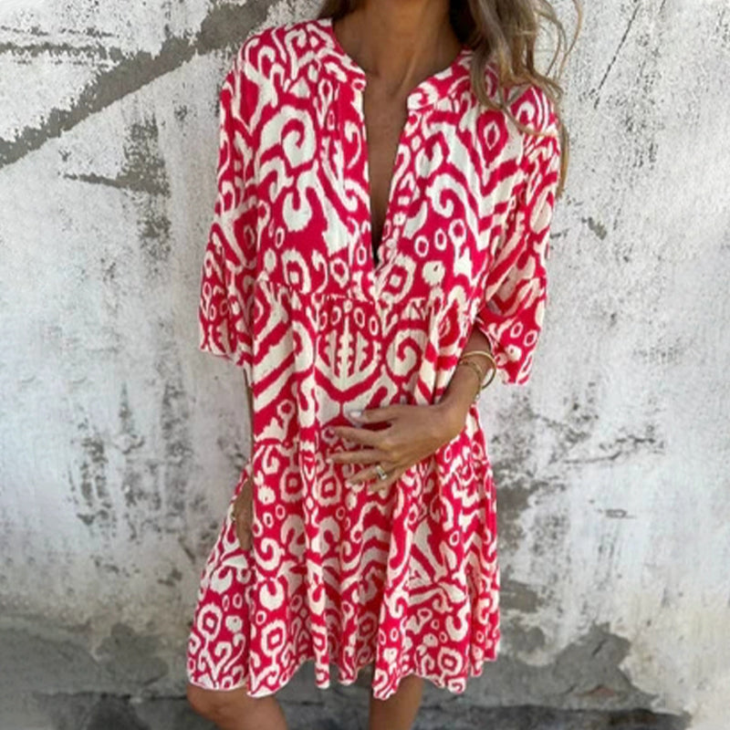 Mietta™ | V-Neck Printed Three-Quarter Sleeve Dress